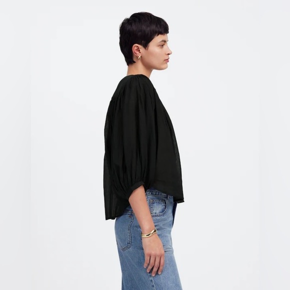 Madewell Shirred Crewneck Balloon Sleeve Button Up Peasant Blouse in Black, XXS - Picture 5 of 14